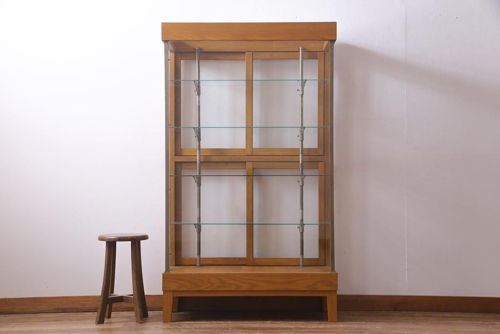 レトロ家具　ナラ材　パンケースとして使われていた木の魅力たっぷりのガラスケース(ショーケース、陳列棚)(R-037445)