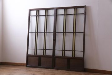 アンティーク建具　レトロ　大正昭和初期　当時物色ガラス入り　ガラス戸(引き戸)2枚セット(R-037486)