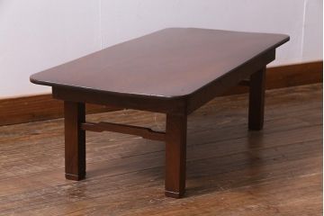アンティーク家具　和製アンティーク　総ケヤキ材　一枚板　大胆な杢目が美しいレトロな角ちゃぶ台(ローテーブル)(R-037521)