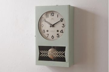 ビンテージ雑貨　堀田時計店　N.H.T　CROWNFAN　21DAY　ゼンマイ式　淡いペイントがおしゃれな振り子掛時計(柱時計、壁掛け時計)(R-037533)