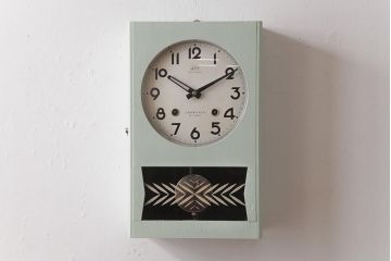 ビンテージ雑貨　堀田時計店　N.H.T　CROWNFAN　21DAY　ゼンマイ式　淡いペイントがおしゃれな振り子掛時計(柱時計、壁掛け時計)(R-037533)
