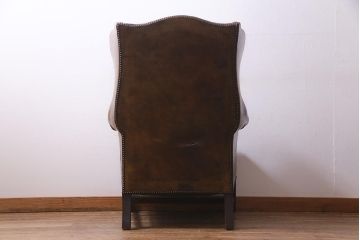 ジャンク品　アンティーク家具　本革　1人掛けウイングバックソファ(ウィングバック、ハイバックソファ、一人掛け、ディスプレイ)(R-037535)