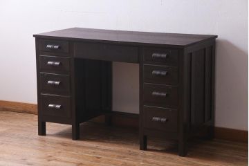 アンティーク家具　和製アンティーク　ナラ材　薄型リメイク　渋い色合いの両袖デスク(両袖机、在宅ワーク、在宅用ワークデスク)(R-037549)