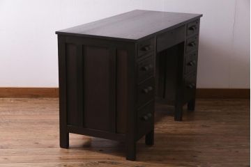 アンティーク家具　和製アンティーク　ナラ材　薄型リメイク　渋い色合いの両袖デスク(両袖机、在宅ワーク、在宅用ワークデスク)(R-037549)