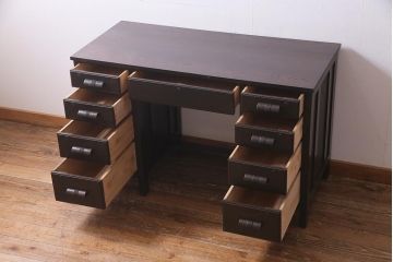 アンティーク家具　和製アンティーク　ナラ材　薄型リメイク　渋い色合いの両袖デスク(両袖机、在宅ワーク、在宅用ワークデスク)(R-037549)