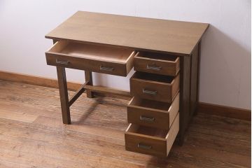 レトロ家具　昭和レトロ　薄型リメイク　ノスタルジックなナラ材製の片袖デスク(片袖机、在宅ワーク、在宅用ワークデスク)(R-037553)