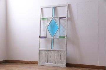 アンティーク建具　ペイント　色ガラス・当店オリジナルガラス　爽やかなカラーのガラス戸1枚(引き戸)(R-037569)