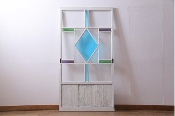 アンティーク建具　ペイント　色ガラス・当店オリジナルガラス　爽やかなカラーのガラス戸1枚(引き戸)(R-037569)