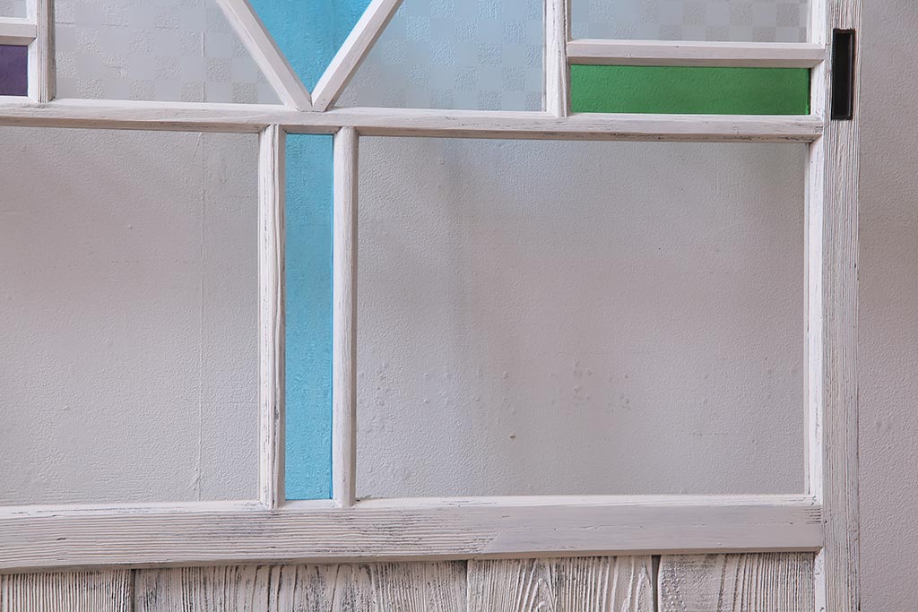 アンティーク建具　ペイント　色ガラス・当店オリジナルガラス　爽やかなカラーのガラス戸1枚(引き戸)(R-037569)