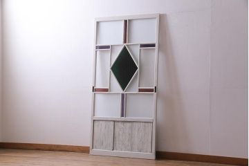 アンティーク建具　ペイント　色ガラス・すりガラス・当店オリジナルガラス　レトロな雰囲気漂うガラス戸1枚(引き戸)(R-037570)
