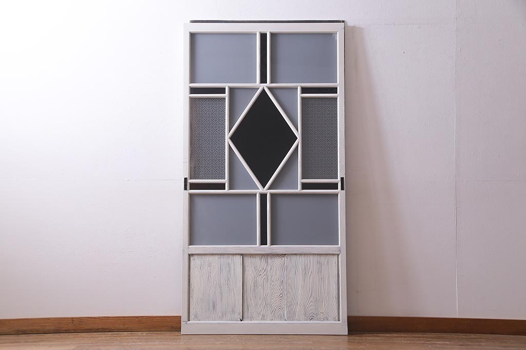 アンティーク建具　ペイント　色ガラス・すりガラス・当店オリジナルガラス　レトロな雰囲気漂うガラス戸1枚(引き戸)(R-037570)