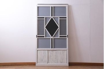 アンティーク建具　ペイント　色ガラス・すりガラス・当店オリジナルガラス　レトロな雰囲気漂うガラス戸1枚(引き戸)(R-037570)
