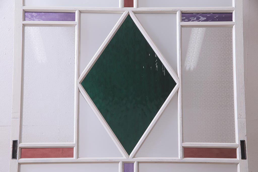 アンティーク建具　ペイント　色ガラス・すりガラス・当店オリジナルガラス　レトロな雰囲気漂うガラス戸1枚(引き戸)(R-037570)