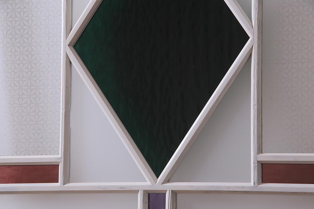 アンティーク建具　ペイント　色ガラス・すりガラス・当店オリジナルガラス　レトロな雰囲気漂うガラス戸1枚(引き戸)(R-037570)