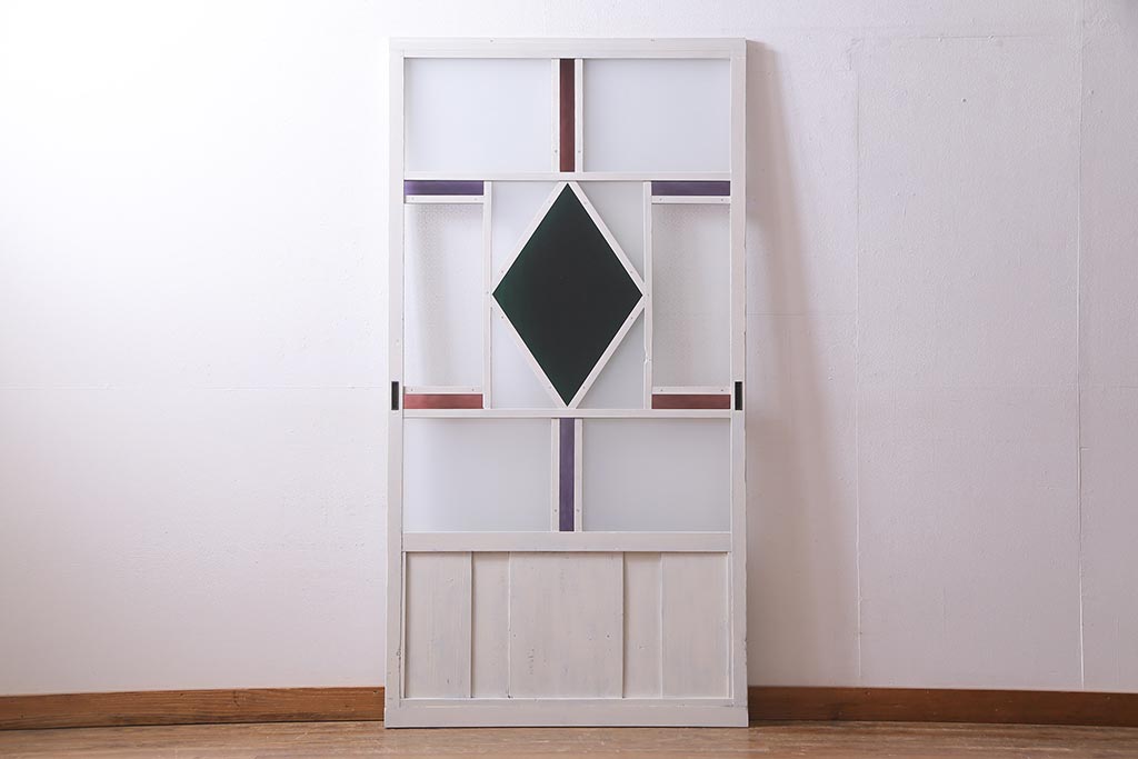 アンティーク建具　ペイント　色ガラス・すりガラス・当店オリジナルガラス　レトロな雰囲気漂うガラス戸1枚(引き戸)(R-037570)