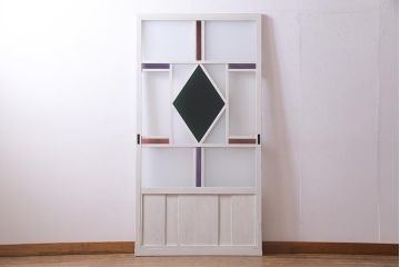 アンティーク建具　ペイント　色ガラス・すりガラス・当店オリジナルガラス　レトロな雰囲気漂うガラス戸1枚(引き戸)(R-037570)