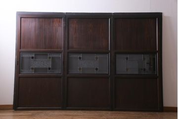 アンティーク建具　明治大正期　結霜ガラス・色ガラス入り　ステンドグラスがお洒落な板戸3枚セット(建具、ガラス帯戸、引き戸)(R-037574)