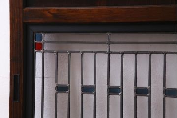 アンティーク建具　明治期　結霜ガラス・色ガラス　ステンドグラス入り　大正浪漫な雰囲気漂う板戸1枚(建具、引き戸)(R-037575)
