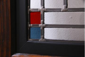 アンティーク建具　明治期　結霜ガラス・色ガラス　ステンドグラス入り　大正浪漫な雰囲気漂う板戸1枚(建具、引き戸)(R-037575)