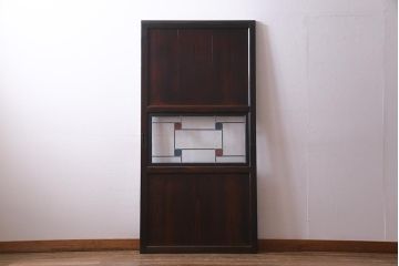 アンティーク建具　明治大正期　チェッカーガラス・モールガラス・色ガラス　ステンドグラスがお洒落な板戸1枚(建具、ガラス帯戸、引き戸)(R-037577)