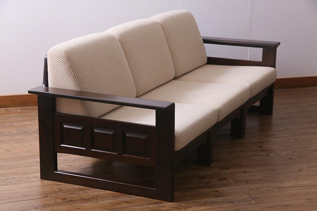 中古　北海道民芸家具　シックで上品な佇まいのトリプルソファ(3人掛けソファ、アームソファ)(R-037578)