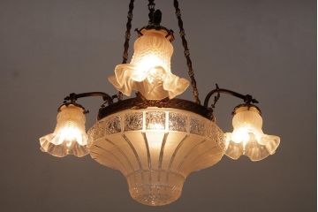 アンティーク照明　フランスアンティーク　青銅製　クラシカルで緻密なつくりのシャンデリア(4灯、天井照明、吊り下げ照明)(R-037587)