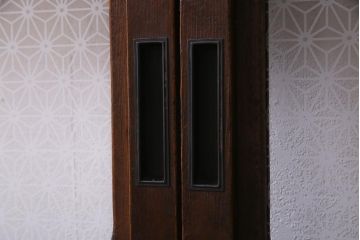 アンティーク建具　当店オリジナルガラス　裏ガラス入り　幅狭　上手物　万本格子戸4枚セット(建具、引き戸)(R-037592)