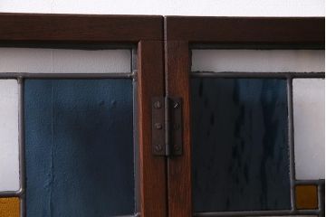 アンティーク建具　ラフジュ工房オリジナルステンドグラス　明治大正期　総ケヤキ材　色ガラス・結霜ガラス入り　レトロモダンなステンドグラスのリメイクパーテーション(衝立)(R-037593)