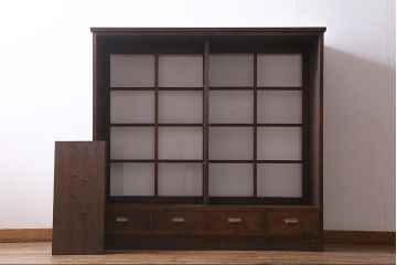 ラフジュ工房オリジナル　引き出し付き　両面引き戸　レトロモダンな戸棚(キャビネット、収納棚)(R-037598)