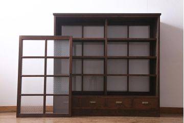 ラフジュ工房オリジナル　引き出し付き　両面引き戸　レトロモダンな戸棚(キャビネット、収納棚)(R-037598)