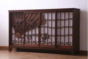 ラフジュ工房オリジナル　アンティーク建具リメイク　扇菊　こだわりの和空間づくりが叶う脚付きサイドボード(書院戸、組子、キャビネット)(R-037605)