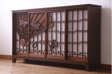 ラフジュ工房オリジナル　アンティーク建具リメイク　扇菊　こだわりの和空間づくりが叶う脚付きサイドボード(書院戸、組子、キャビネット)(R-037605)