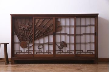ラフジュ工房オリジナル　アンティーク建具リメイク　扇菊　こだわりの和空間づくりが叶う脚付きサイドボード(書院戸、組子、キャビネット)(R-037605)