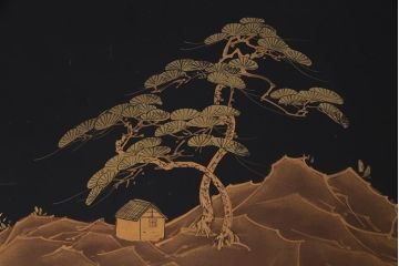 中古　山水図　和の空間を高める漆塗り風の茶棚(飾り棚)(R-037608)