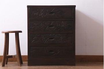 中古　ビンテージ家具　伝統工芸　軽井沢彫り　牡丹の図　上品な和の雰囲気漂う小振りなチェスト(引き出し)(R-037609)