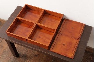 アンティーク雑貨　古民具　大正昭和初期　外箱付き　春慶塗が美しい重箱(お重)(R-037618)