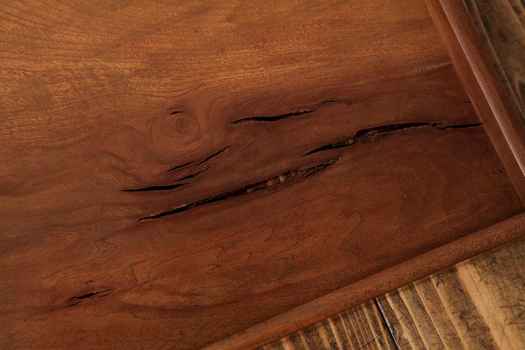 アンティーク雑貨　古民具　総ケヤキ材　美しい杢目が楽しめるお盆2枚セット(トレー、角盆)(R-037632)