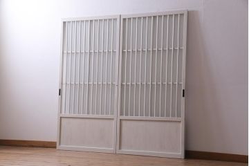 アンティーク家具　昭和初期　すりガラス　ナチュラルインテリアにぴったりなペイントガラス戸2枚セット(引き戸、建具)(R-037671)