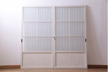 アンティーク家具　昭和初期　すりガラス　ナチュラルインテリアにぴったりなペイントガラス戸2枚セット(引き戸、建具)(R-037671)