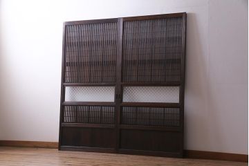 アンティーク建具　裏障子枠付き　当店オリジナルガラス　市松模様がモダンな格子戸2枚セット(建具、引き戸、ガラス帯戸)(R-037673)