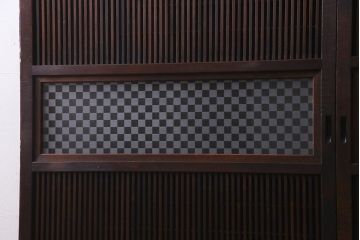 アンティーク建具　裏障子枠付き　当店オリジナルガラス　市松模様がモダンな格子戸2枚セット(建具、引き戸、ガラス帯戸)(R-037673)