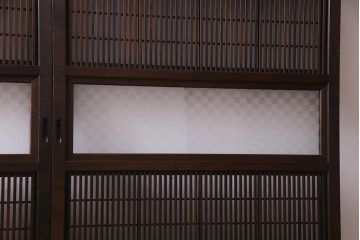アンティーク建具　裏障子枠付き　当店オリジナルガラス　市松模様がモダンな格子戸2枚セット(建具、引き戸、ガラス帯戸)(R-037673)