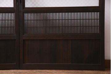 アンティーク建具　裏障子枠付き　当店オリジナルガラス　市松模様がモダンな格子戸2枚セット(建具、引き戸、ガラス帯戸)(R-037673)