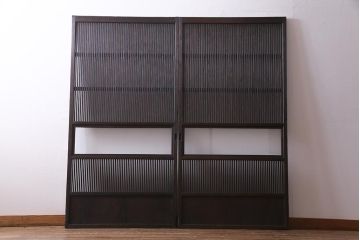 アンティーク建具　当店オリジナルガラス　レトロシックな格子戸2枚セット(建具、引き戸、ガラス帯戸)(R-037674)