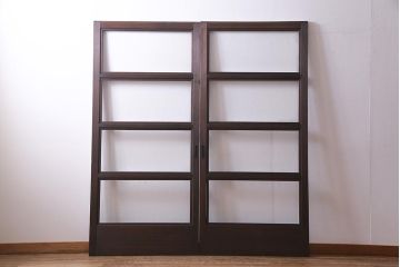 アンティーク建具　大正昭和初期　上品なデザインがシックなガラス戸2枚セット(建具、引き戸)(R-037675)