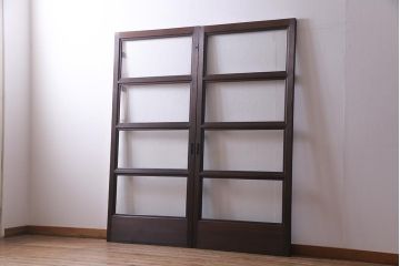 アンティーク建具　大正昭和初期　上品なデザインがシックなガラス戸2枚セット(建具、引き戸)(R-037675)