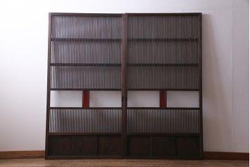 アンティーク建具　当店オリジナルガラス　色ガラスがアクセントの大正ロマンに合う格子戸2枚セット(ガラス帯戸、引き戸、建具)(R-037678)