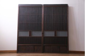 アンティーク建具　当店オリジナルガラス　色ガラスがアクセントの大正ロマンに合う格子戸2枚セット(ガラス帯戸、引き戸、建具)(R-037678)
