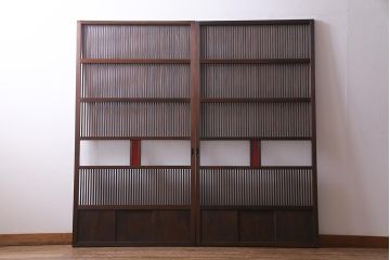 アンティーク建具　当店オリジナルガラス　色ガラスがアクセントの大正ロマンに合う格子戸2枚セット(ガラス帯戸、引き戸、建具)(R-037678)
