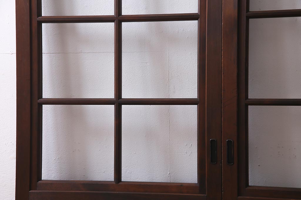 アンティーク建具　当店オリジナルガラス　高級品　シックな空間にぴったりな上手物のガラス戸2枚セット(建具、引き戸)(R-037681)